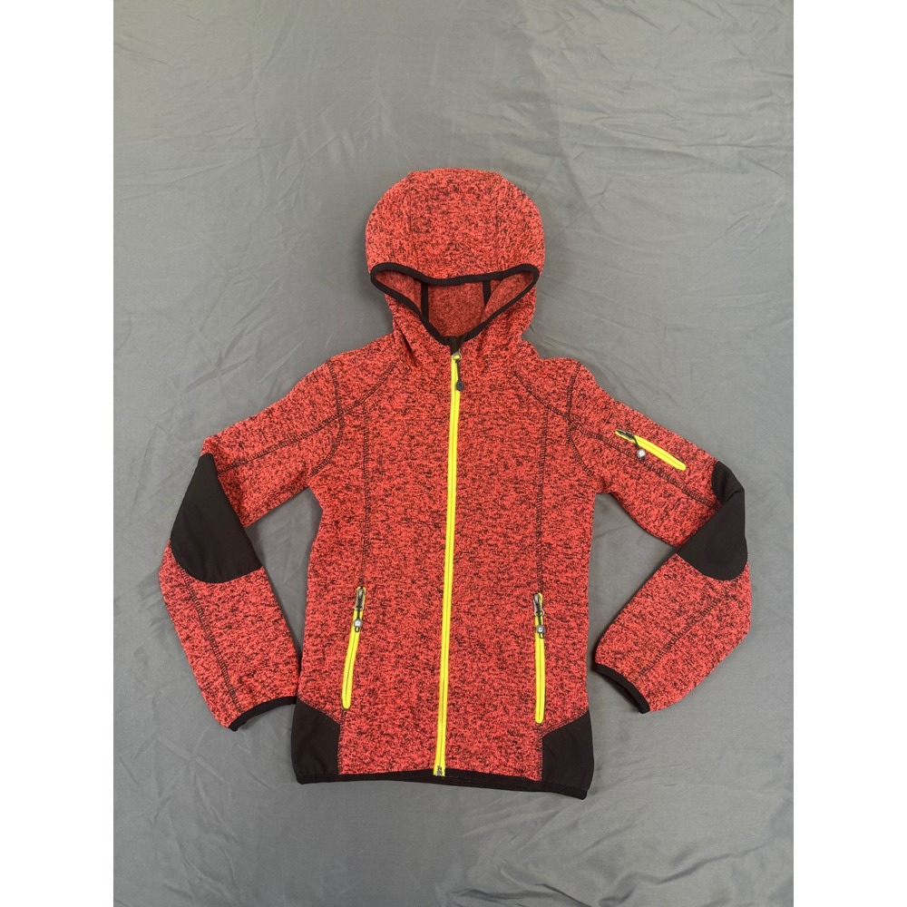 Killtec Girls Red Marl Hooded Full Zip Fleece Jacket Size 10 Neon Yellow Trim